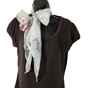 Long Floral Sheer White Scarf, Flower Print Gray Red Long Retro Vintage